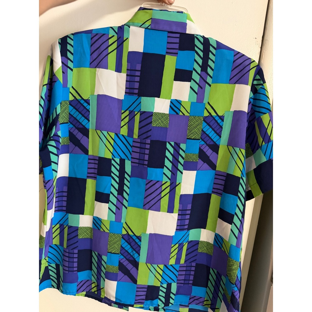Notations Clothing Co Womens Blue Green Geometric Patchwork Button Down Top L
